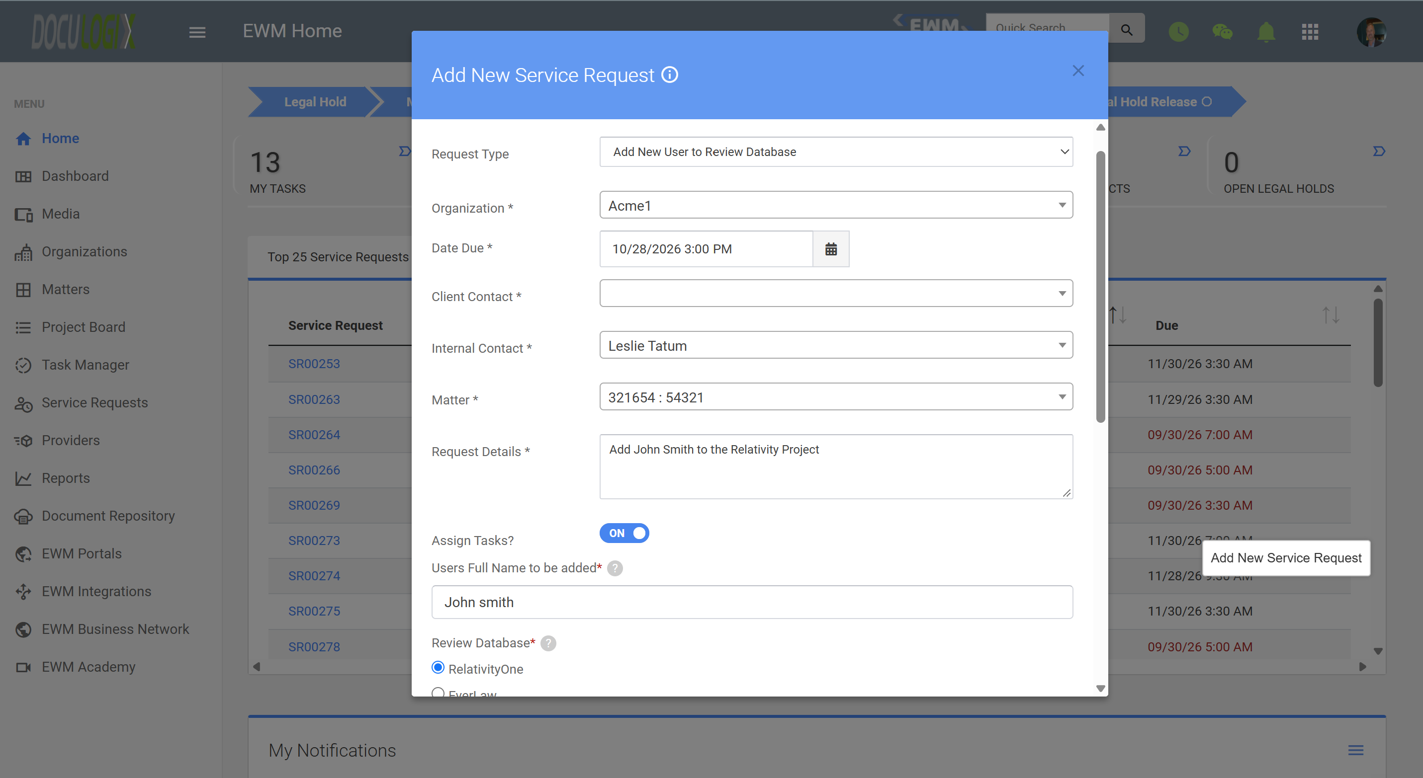 Doculogix Add New Service Request form with request type, organization, due date, contacts, matter, request details, an assign tasks toggle, and request-specific custom questions