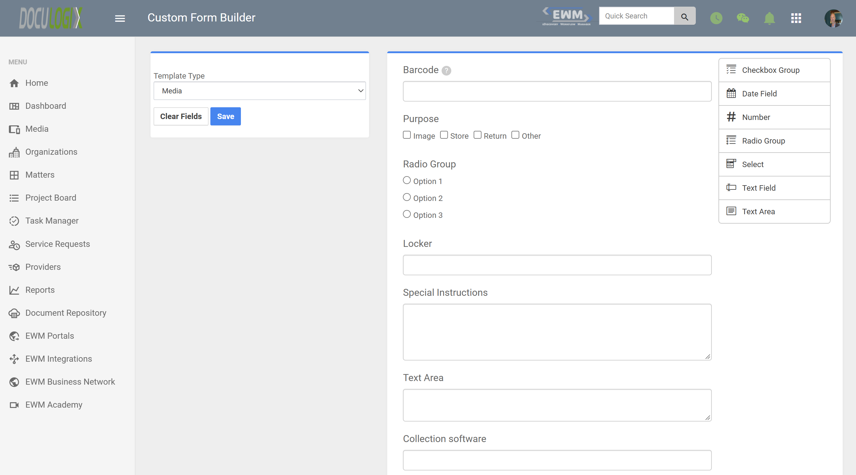 Doculogix Custom Form Builder with the Media template selected, showing custom fields such as Barcode, Purpose, Locker, and Special Instructions alongside a palette of field types