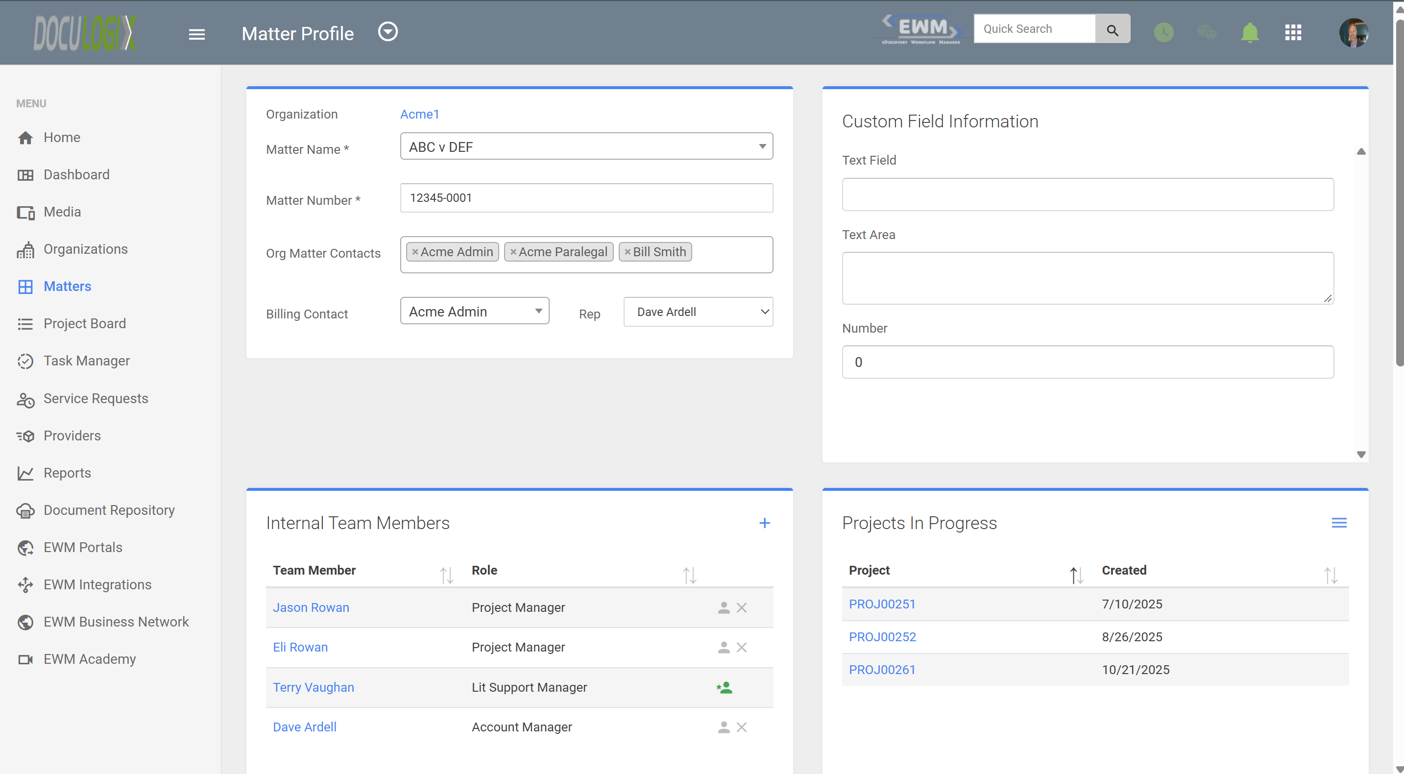 Doculogix Matter Profile page showing matter details, organization contacts, billing contact, custom field information, internal team members, and projects in progress