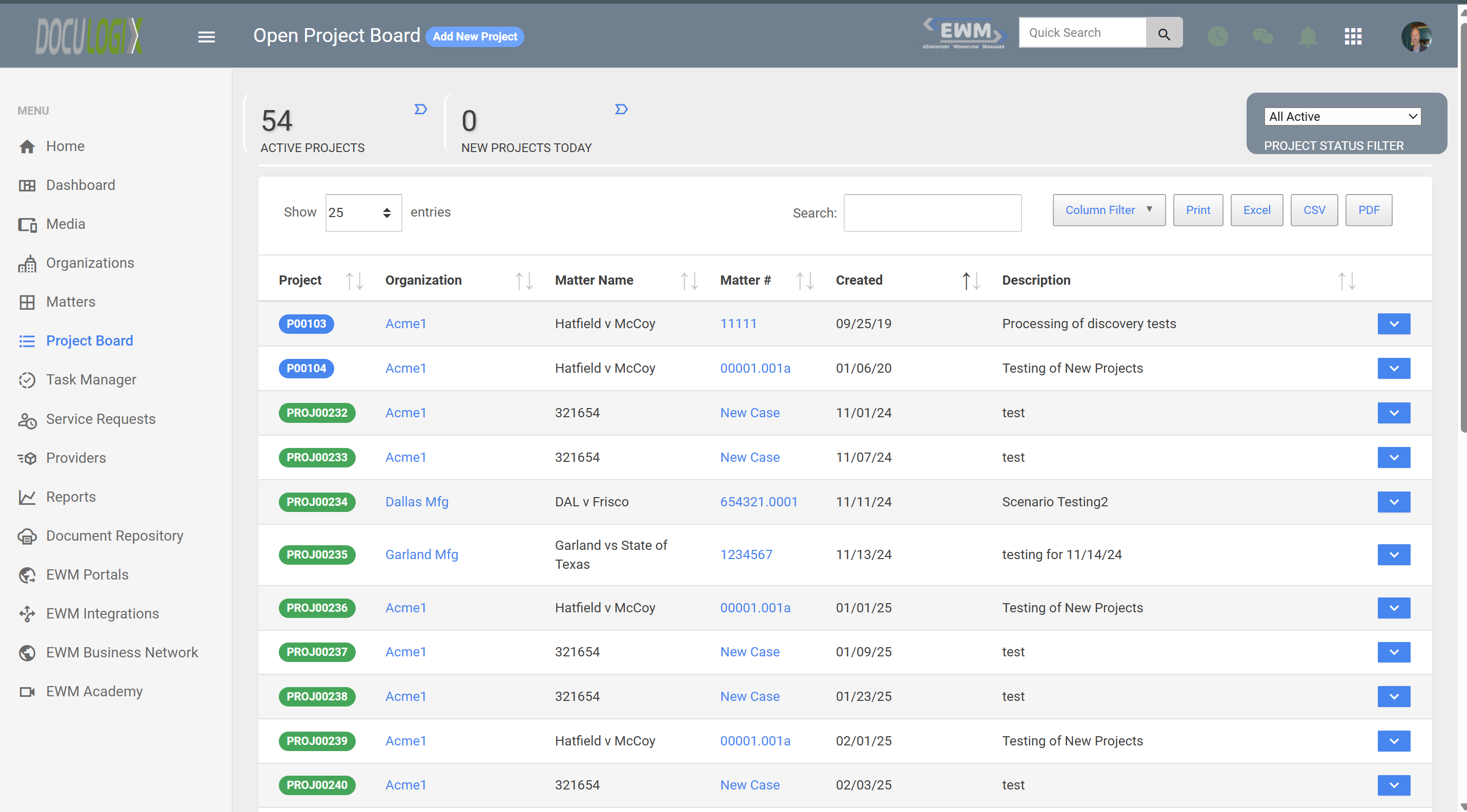 Doculogix Open Project Board listing active projects with their organization, matter name, matter number, created date, and description