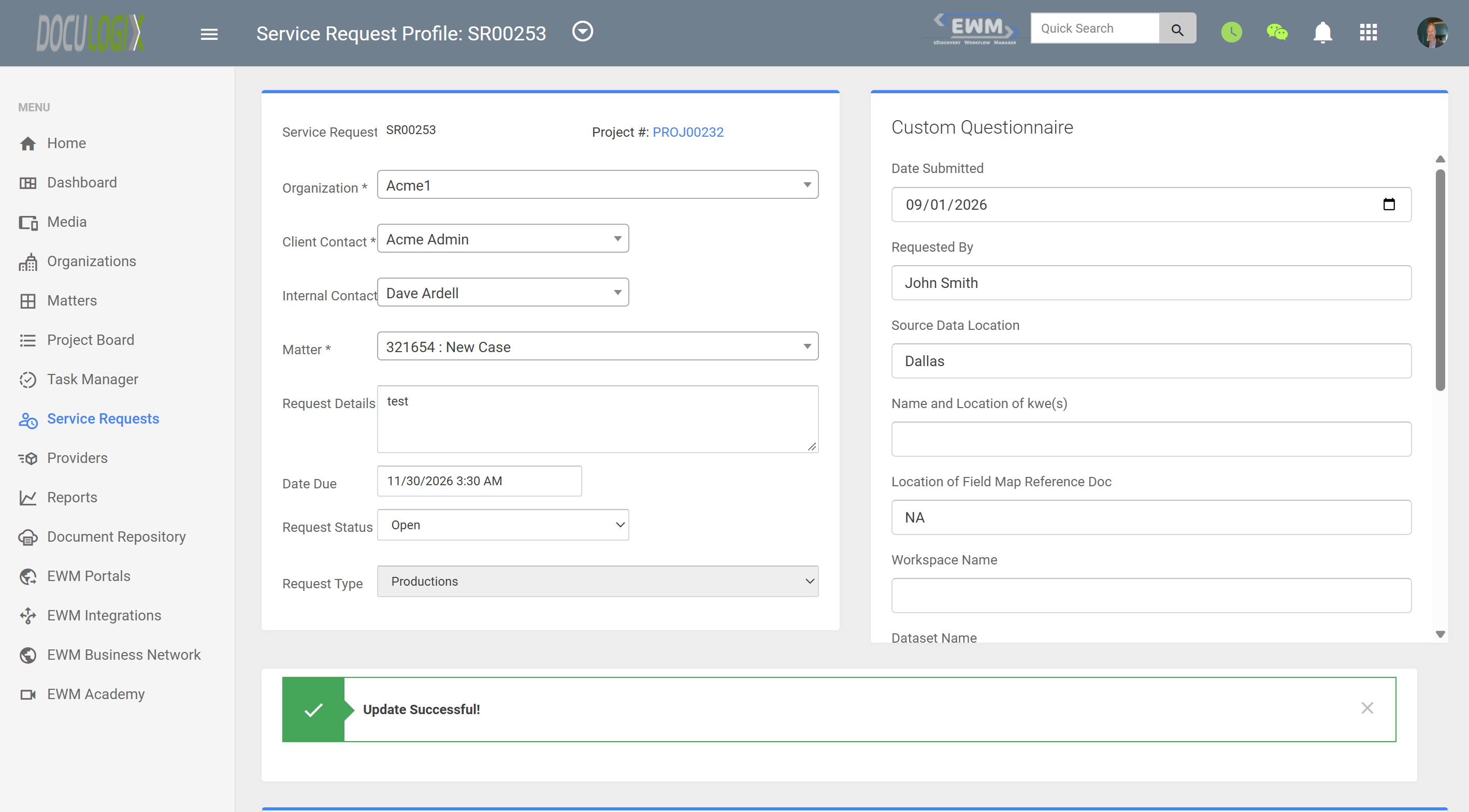 Doculogix Service Request Profile showing request details for a matter alongside a Custom Questionnaire with fields such as Date Submitted, Requested By, and Source Data Location
