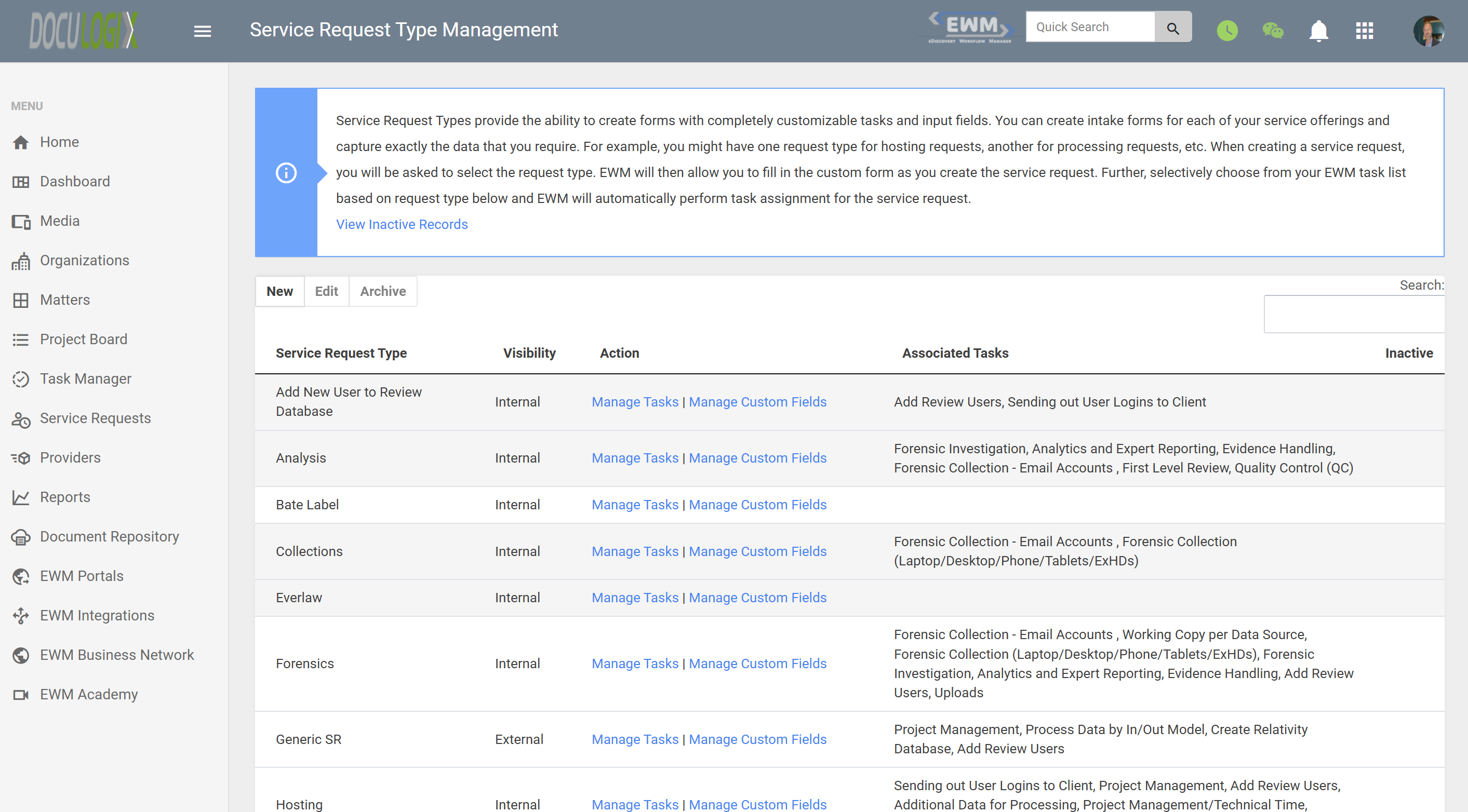 Doculogix Service Request Type Management table listing request types such as Analysis, Collections, Forensics, and Hosting with their visibility, task and custom field actions, and associated tasks